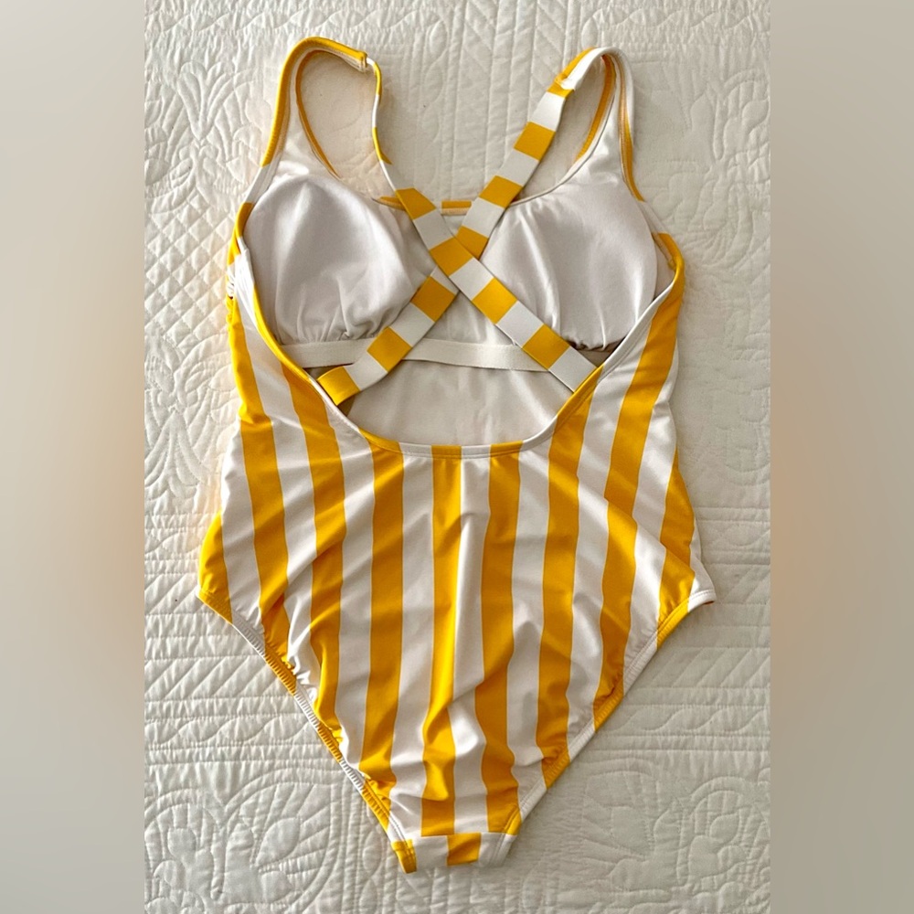 Shade & Shore Yellow and White Striped One Piece Swimsuit Cross Back Large NWOT - Picture 3 of 7